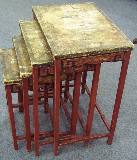 Appraisal: A nest of Chinese tables the tops with painted scenes