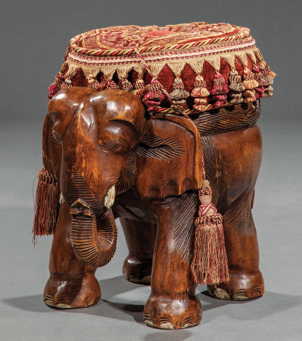 Appraisal: Continental Carved Hardwood Elephant Stool with tasseled cushion h in