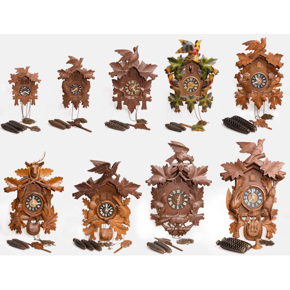 Appraisal: CARVED WOOD CUCKOO CLOCK ASSORTMENT items having wood and painted