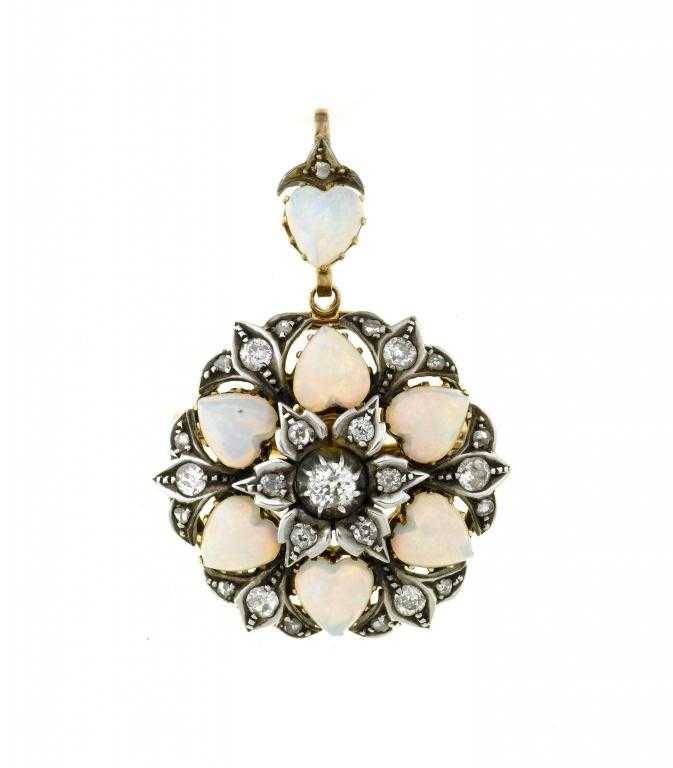 Appraisal: AN OPAL AND DIAMOND PENDANT of hexagonal form set with