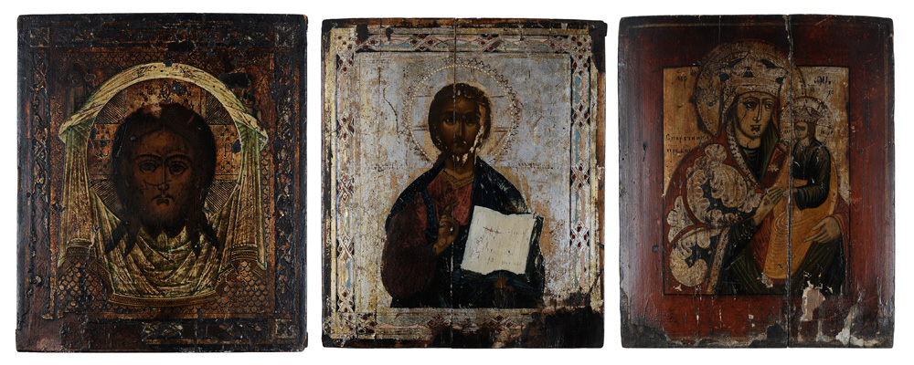 Appraisal: Three Russian Icons th century Christ Pantocrater tempera with silver