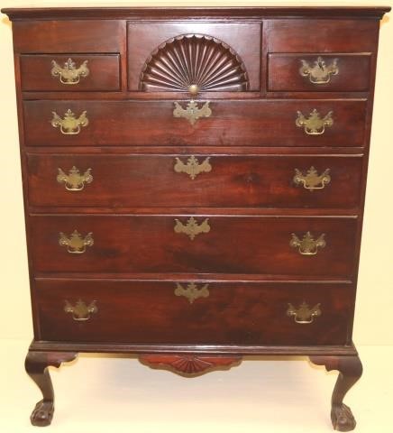 Appraisal: MID TH CENTURY WALNUT CHEST WITH FAN CARVEDCENTER DRAWER FLANKED