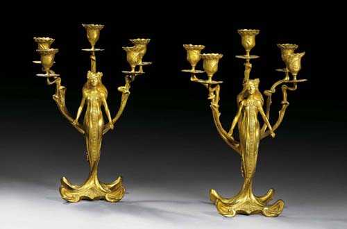 Appraisal: PAIR OF GILT BRONZE CANDELABRAS ca In the form of