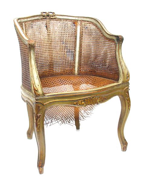 Appraisal: A Louis XV style paint decorated caned panel armchair damage