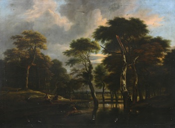 Appraisal: After Jacob Isaaksz van Ruisdael ca th Century Stag Hunt