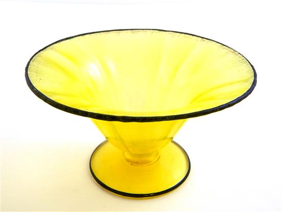 Appraisal: Art glass compote th C iridescent yellow-green with black trim