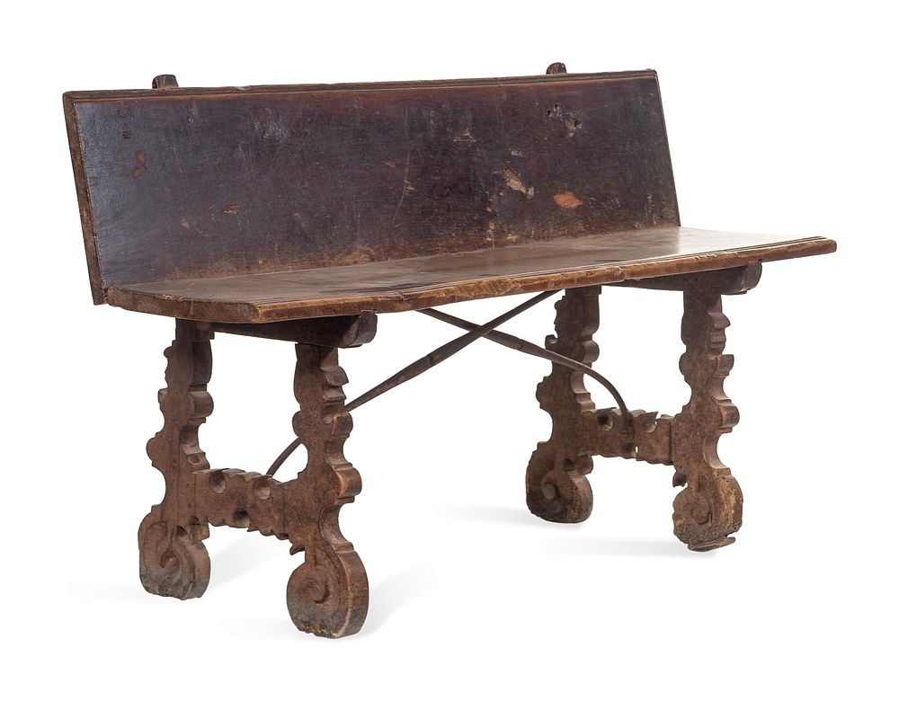 Appraisal: A Baroque Style Wrought Iron Mounted Carved Walnut Bench A