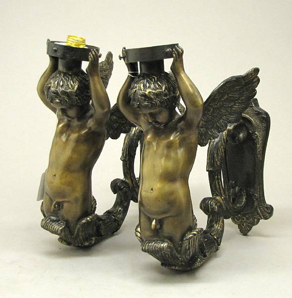 Appraisal: A pair of Baroque style patinated bronze figural wall lights