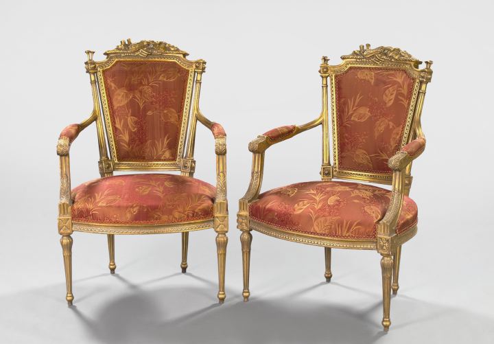 Appraisal: Pair of Napoleon III-Style Giltwood Fauteuils each with a padded