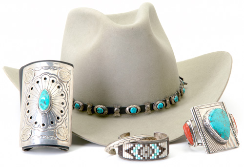 Appraisal: NATIVE AMERICAN Five sterling pieces turquoise concha form hat band