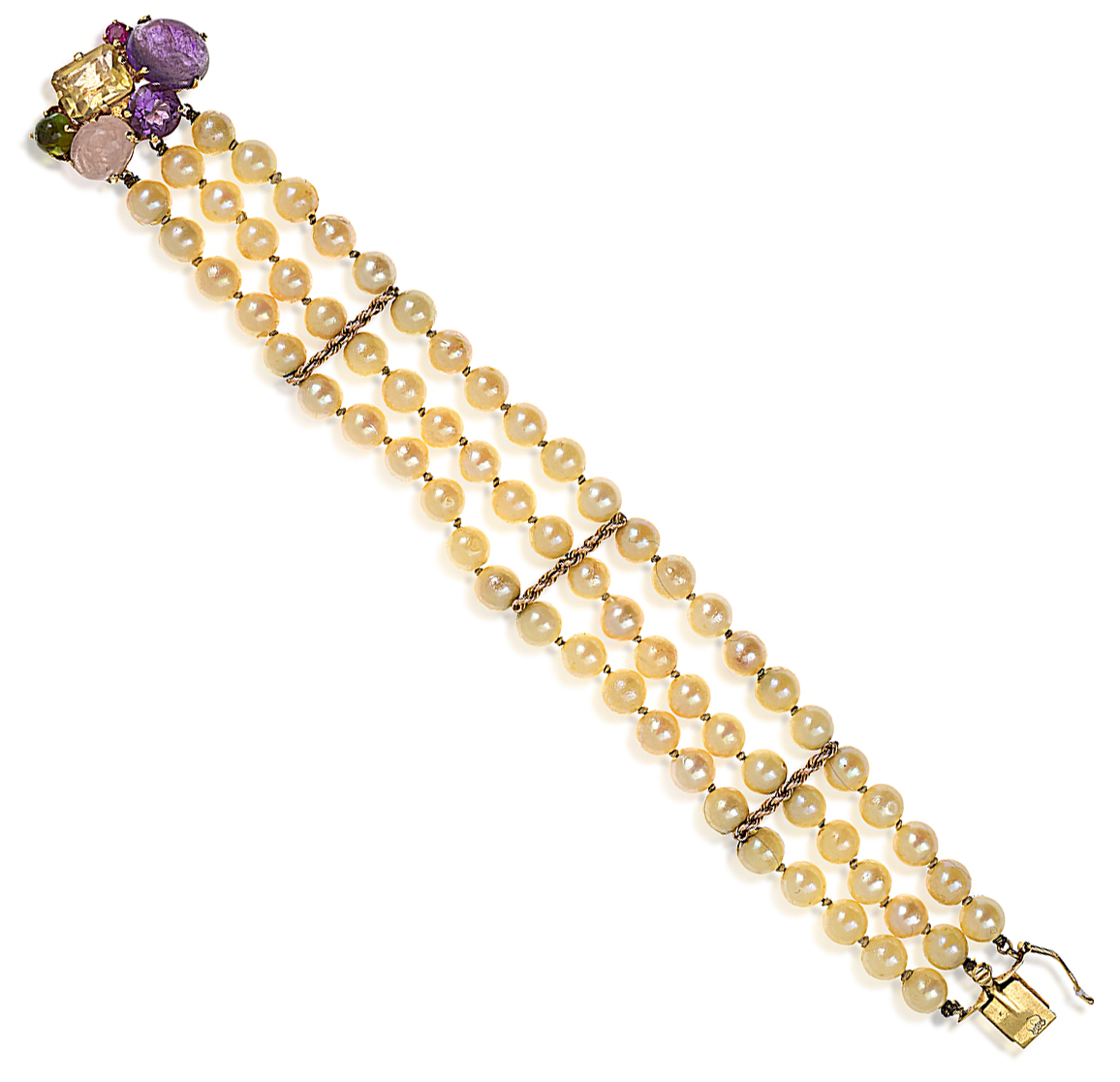 Appraisal: A CULTURED PEARL BRACELET WITH GEM-SET CLASP The triple row