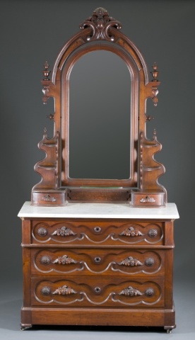 Appraisal: Marble-Top Victorian Vanity Walnut with burl veneers Carved shield at