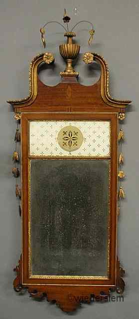 Appraisal: Large Federal style inlaid mahogany mirror with reverse decorated glass