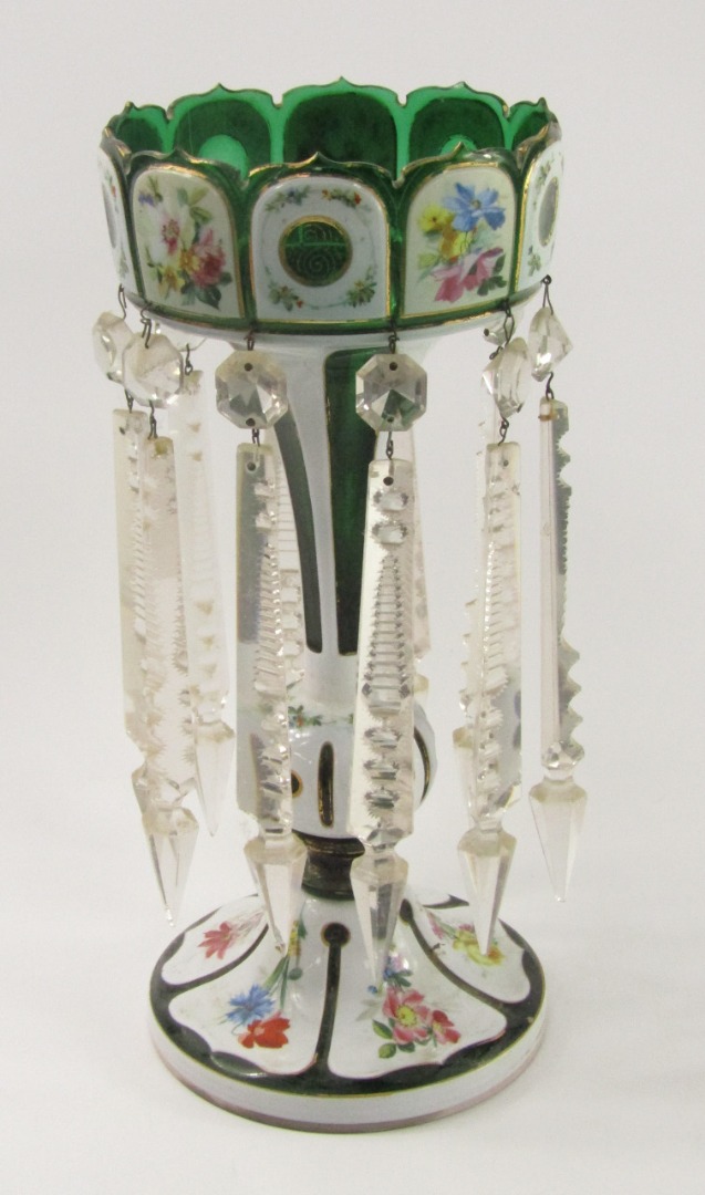 Appraisal: A late thC Bohemian green flashed glass lustre painted with