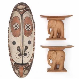 Appraisal: Pair of Wooden African Elephant Benches and Decorative Shield the