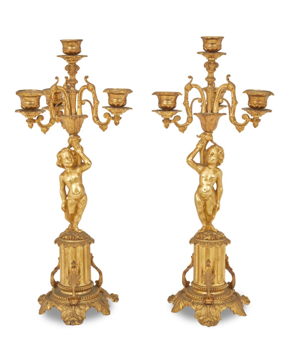 Appraisal: A pair of Continental gilt-bronze figural candelabra th Century Each