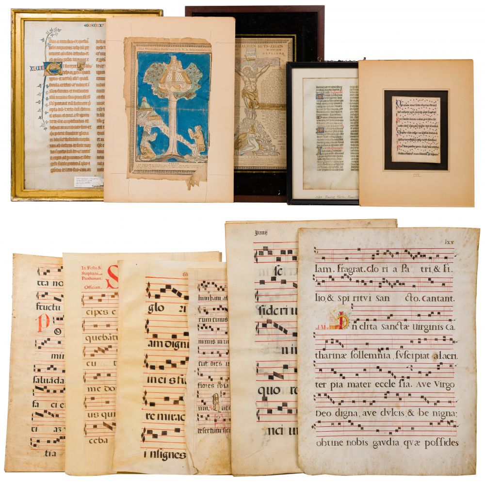 Appraisal: MEDIEVAL MANUSCRIPT ASSORTMENT ink on vellum and parchment illuminated sheets