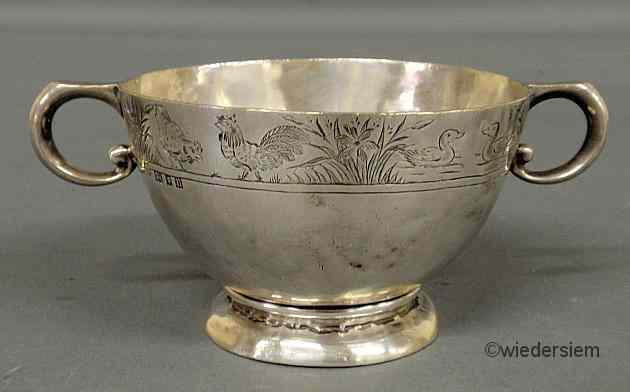 Appraisal: English silver double-handled bowl the banded rim engraved with chickens