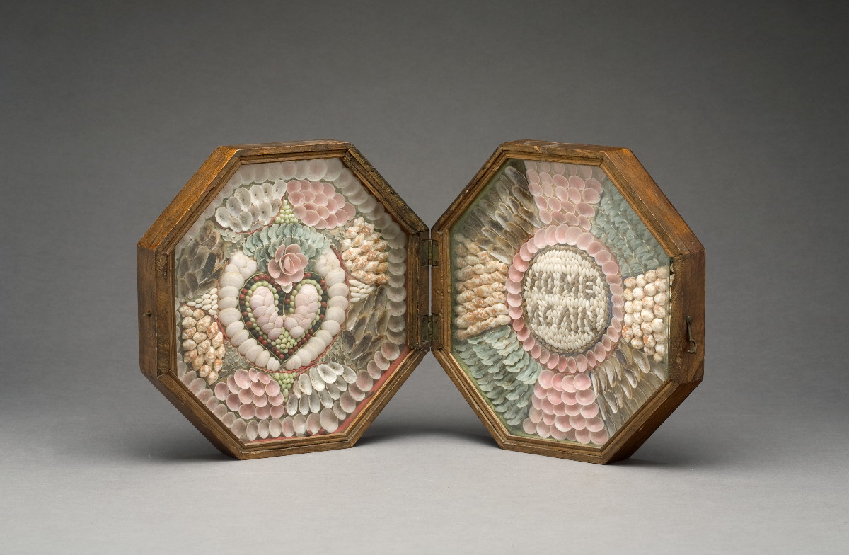 Appraisal: HOME AGAIN SAILOR'S DOUBLE SHELLWORK VALENTINE The octagonal wood case