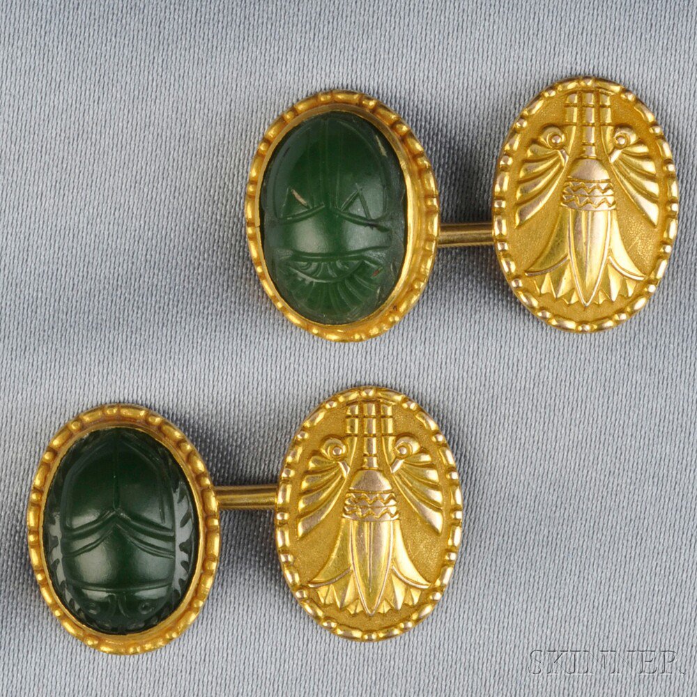 Appraisal: Art Nouveau Egyptian Revival kt Gold and Hardstone Cuff Links