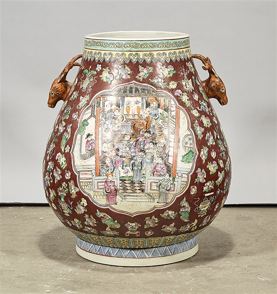 Appraisal: Chinese enameled porcelain deer handled zun vase depicting scenes with