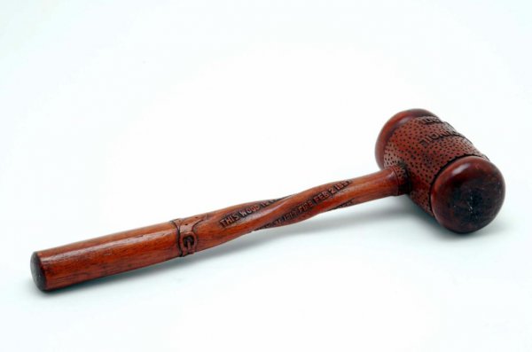 Appraisal: DESCRIPTION Presentation gavel Carved wood probably walnut with detailed inscriptions