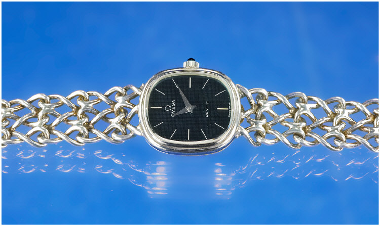 Appraisal: Ladies Silver Omega Watch Black Dial With Silver Batons Dial