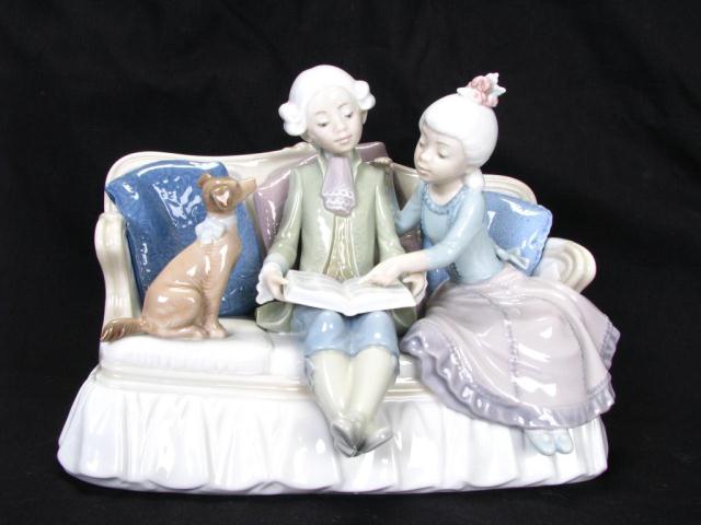 Appraisal: Lladro ''Storytime'' depicting boy girl and dog reading on a