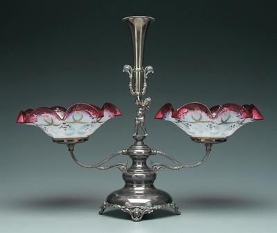 Appraisal: Silver plated cranberry epergne cupid flanked by two cased glass