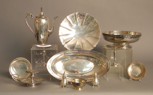 Appraisal: Group of sterling silver tablewares to include deco compotes chambersticks