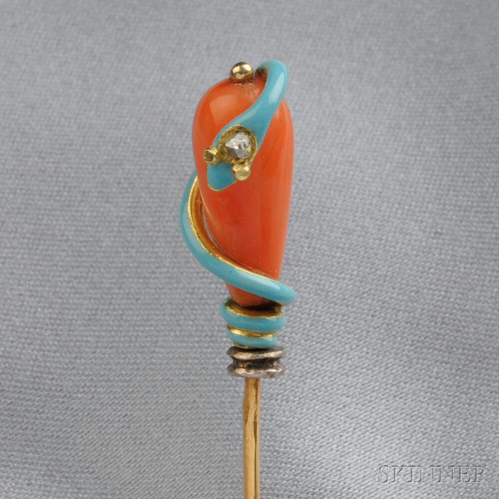 Appraisal: Antique Coral and Enamel Stick Pin France designed as a