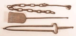 Appraisal: th Century Iron Hearth Lot Including chain trammel ember tongs