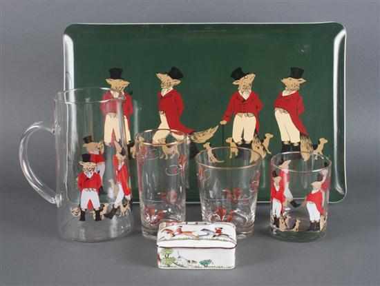 Appraisal: Assortment of fox hunting related glassware china and tray pieces