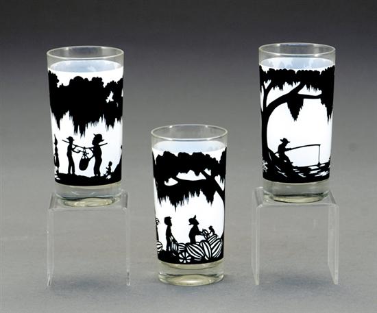 Appraisal: Set of Carew Rice silhouette glasses decorated with various scenes