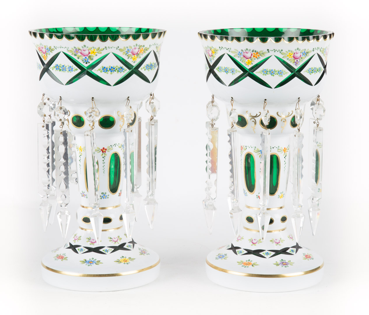 Appraisal: Pair of Bohemian cased emerald glass lustres late th century