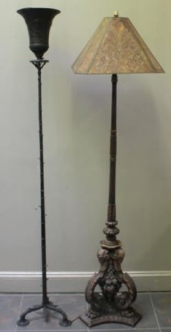 Appraisal: Carved Wooden Lamp with Ram's Head Base and MicaShade Together