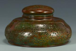 Appraisal: Tiffany Bronze Glass Inkwell Pine Needle Pattern Tiffany bronze and