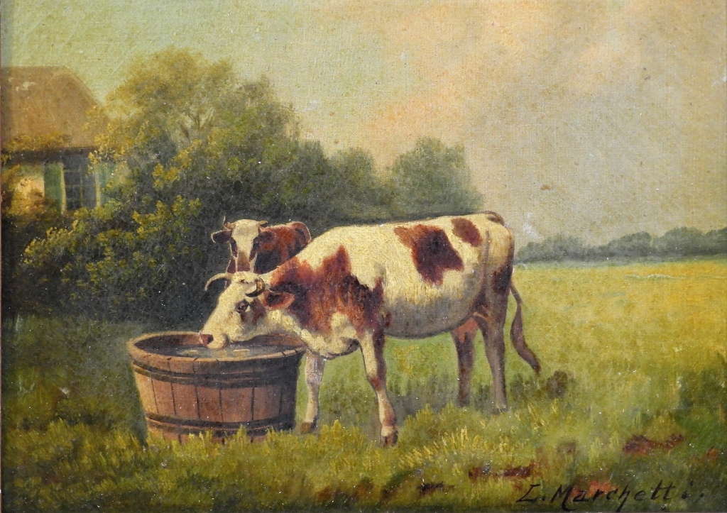 Appraisal: C AMERICAN SCHOOL COW LANDSCAPE PAINTING United States th CenturyDepicting