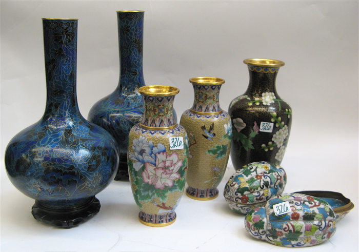 Appraisal: SEVEN CHINESE CLOISONNE ITEMS pair of blue ground stick vases