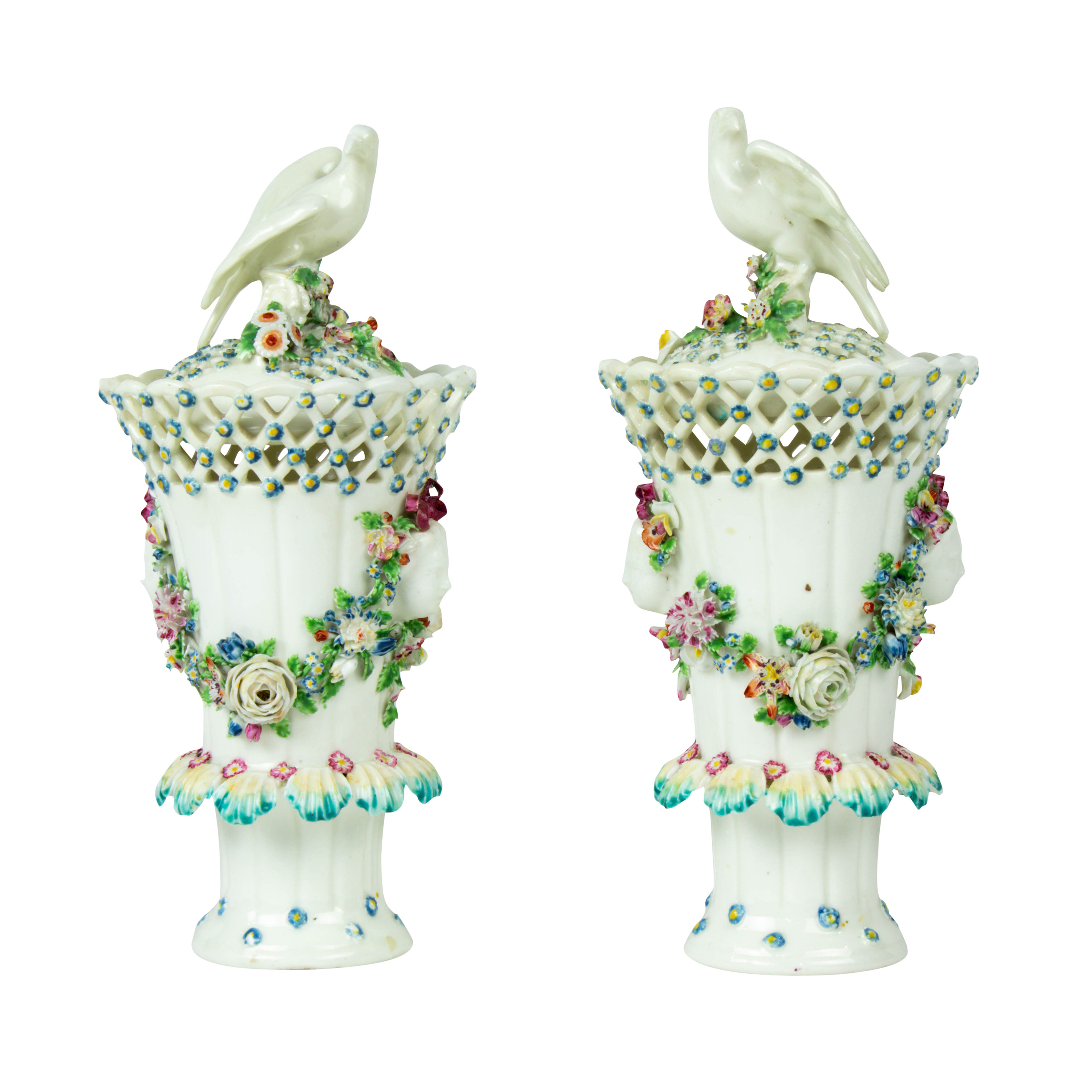 Appraisal: A PAIR OF ENGLISH PORCELAIN VASES WITH COVERS An assembled