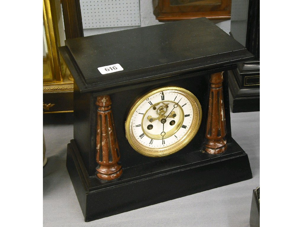 Appraisal: Black slate and red marble two train mantel clock the