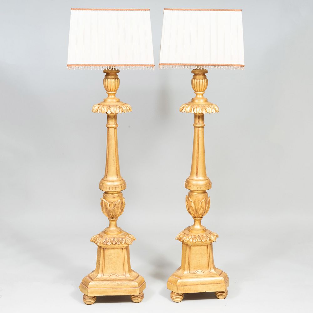 Appraisal: Pair of Portuguese Giltwood Torch res Fitted with pleated silk