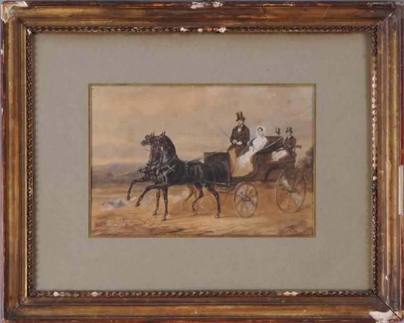 Appraisal: MANNER OF TOULOUSE-LAUTREC TWO-HORSE CARRIAGE Watercolor on paper initialed FL