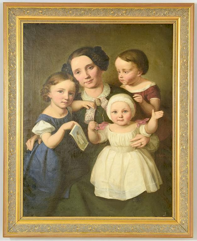 Appraisal: Continental Oil on Canvas Portrait Mother Children th century Continental