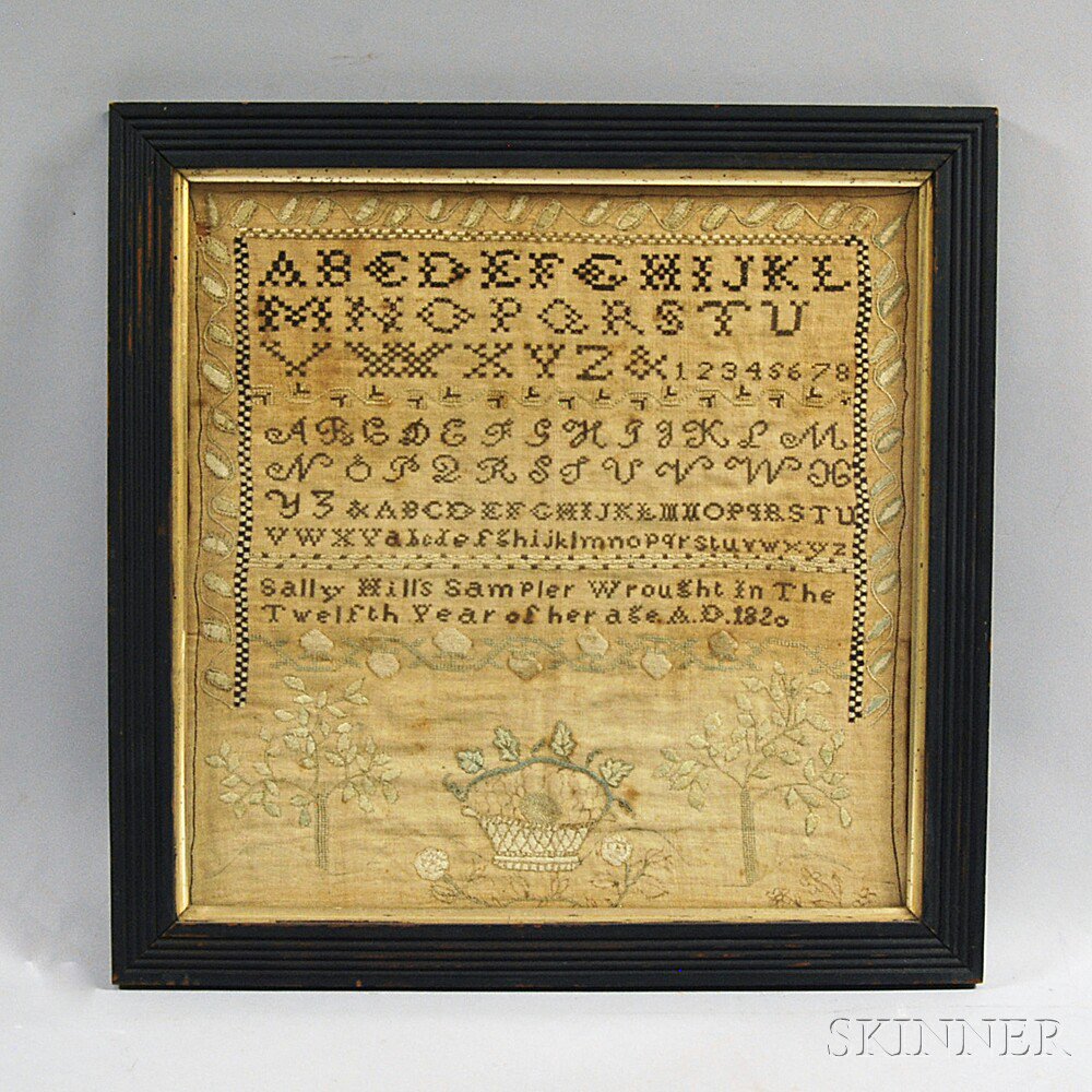 Appraisal: Framed Needlework Sampler Sally Hill Massachusetts the silk stitching on