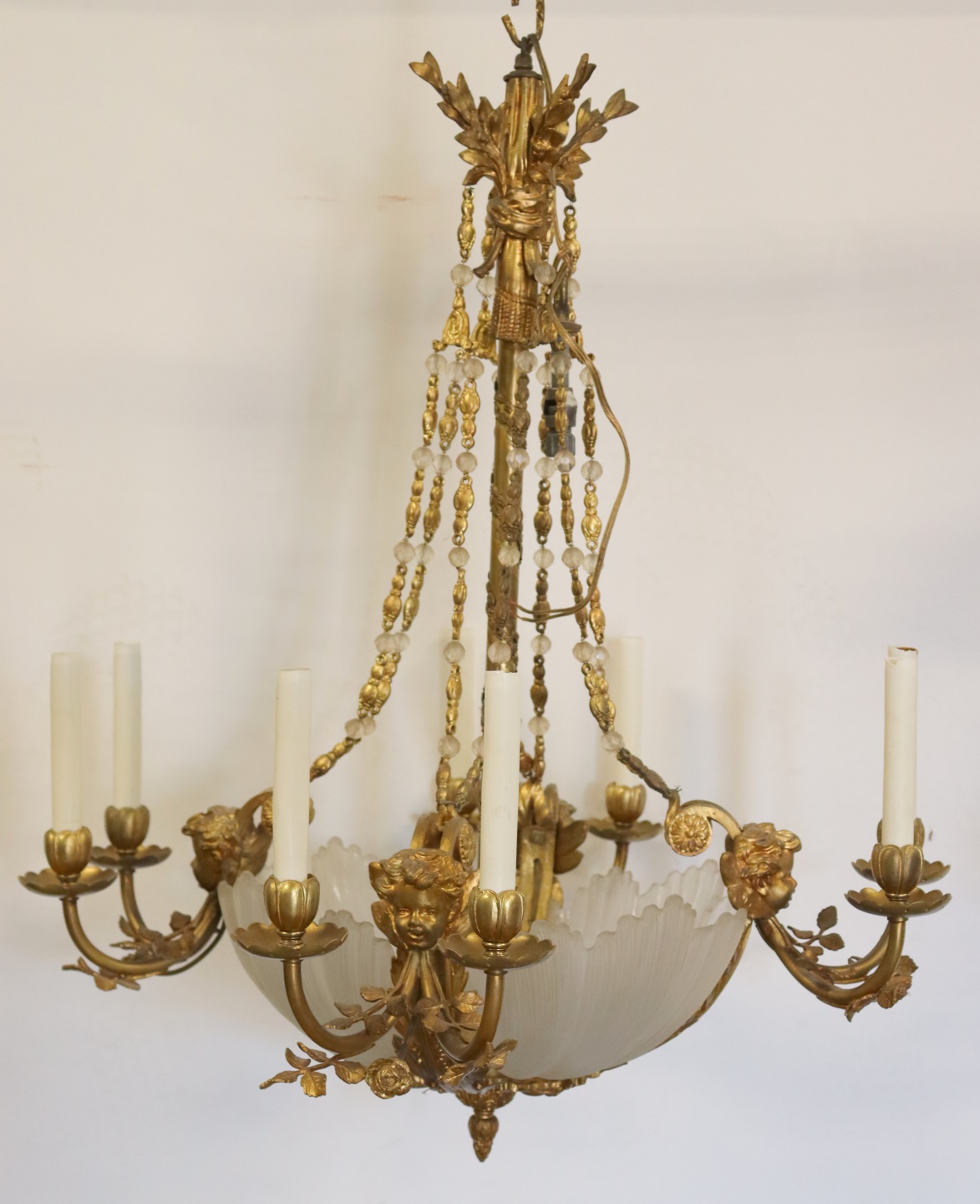 Appraisal: ANTIQUE GILT BRONZE FROSTED GLASS CHANDELIER great quality bronze work