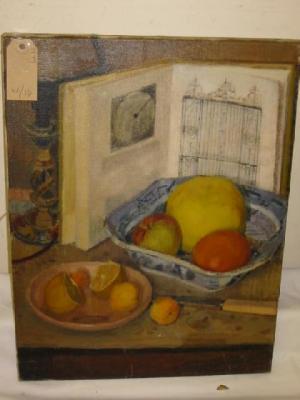 Appraisal: SHEILA BOWNAS Still Life with Fruit and a Book signed