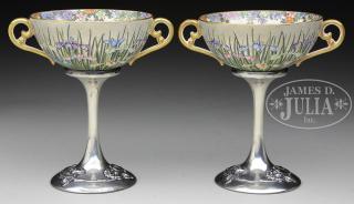 Appraisal: PAIR OF SATSUMA HANDLED BOWLS WITH STERLING MOUNTS Meiji Period