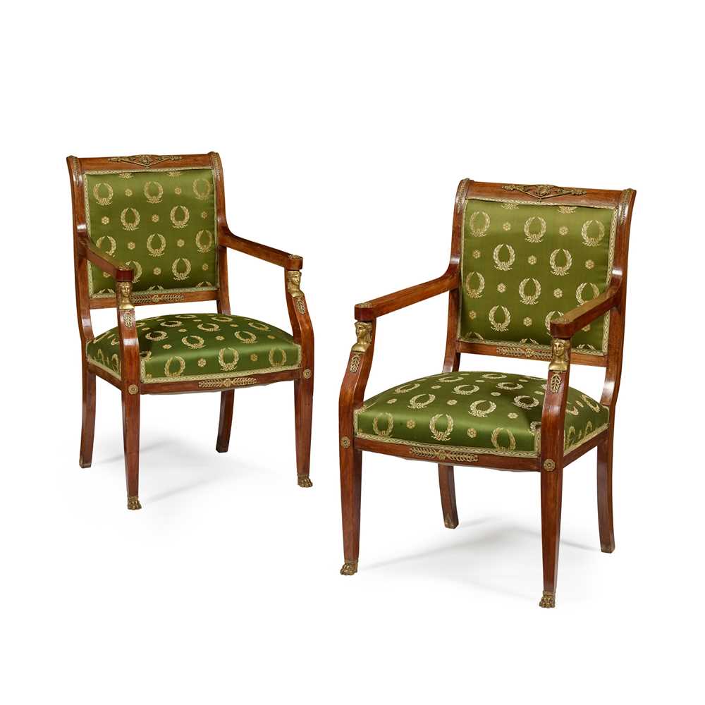 Appraisal: PAIR OF FRENCH EMPIRE STYLE MAHOGANY AND GILT METAL ARMCHAIRS