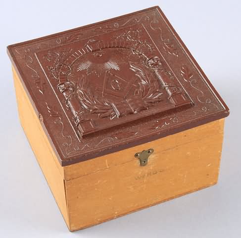 Appraisal: th century thermoplastic lidded collar box featuring Masonic motif design